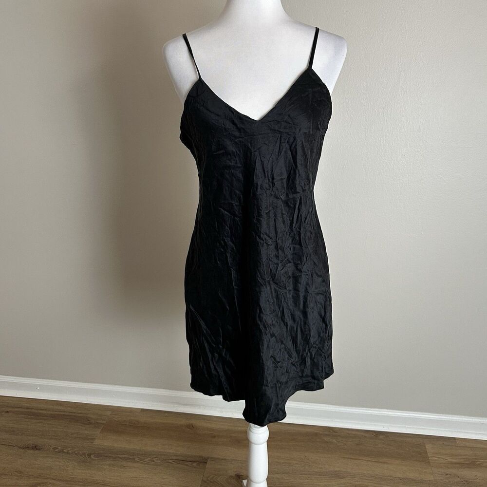 VINTAGE AUGUST SILK 100% SILK BLACK Nightgown EMBOSSED SLIP DRESS Large Mini